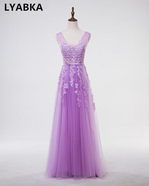 Sexy V- Neck Tulle With Applique Evening Dress - TeresaCollections