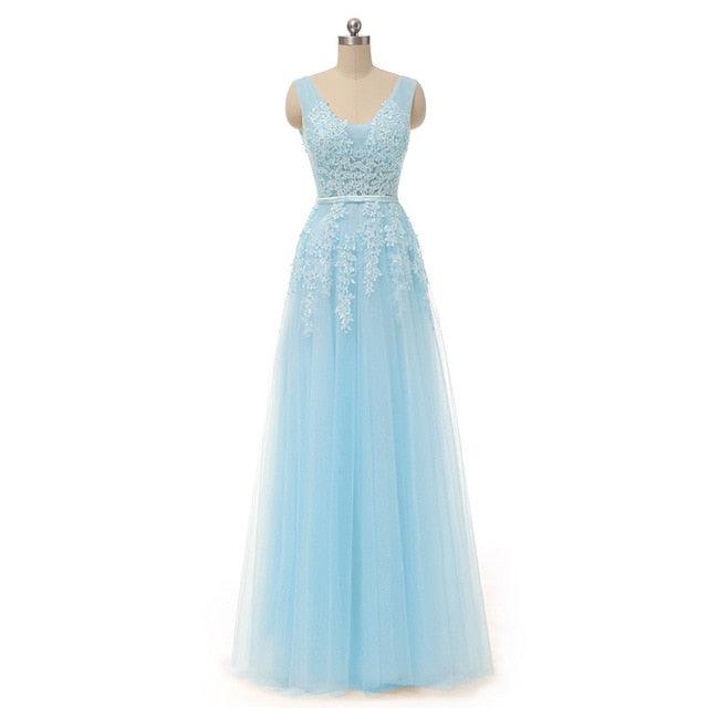Sexy V- Neck Tulle With Applique Evening Dress - TeresaCollections