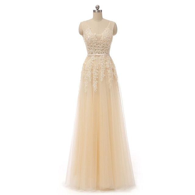 Sexy V- Neck Tulle With Applique Evening Dress - TeresaCollections