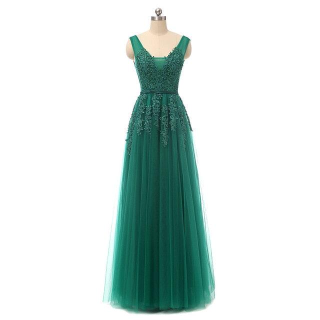Sexy V- Neck Tulle With Applique Evening Dress - TeresaCollections