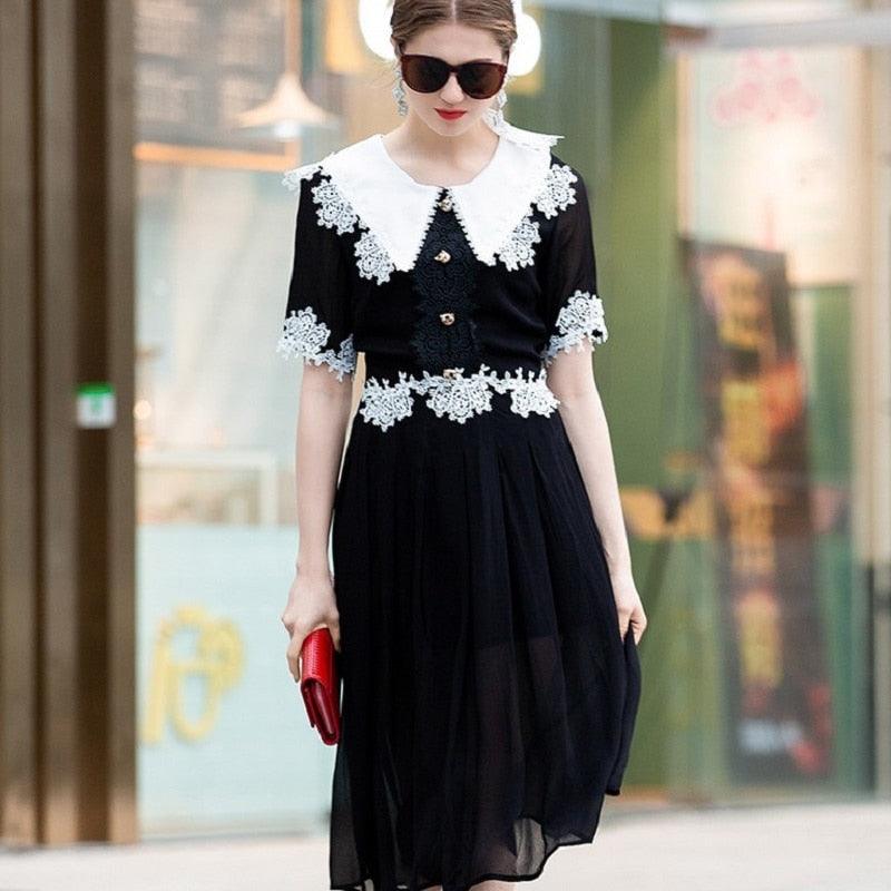 Black Short Sleeve A Line Work Wear Dress - TeresaCollections