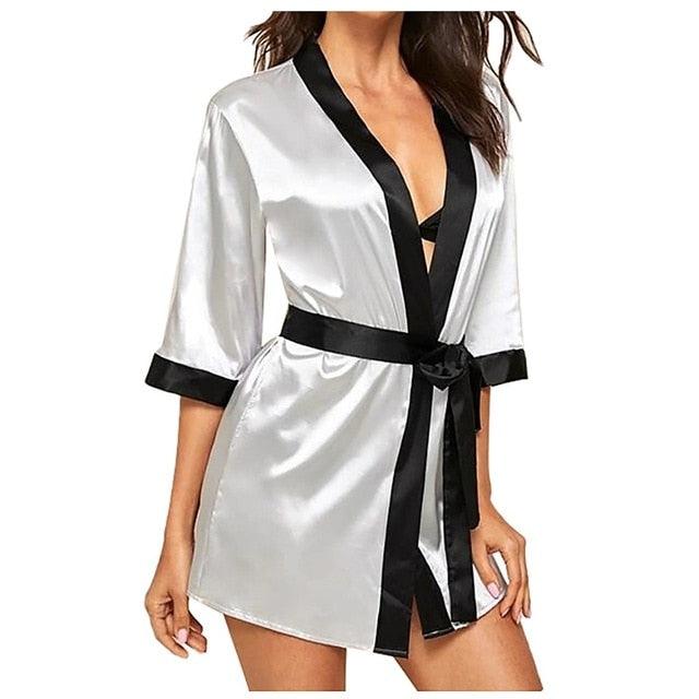 Silk Kimono Black Silk Sexy Lingerie Bow Satin Robe - TeresaCollections