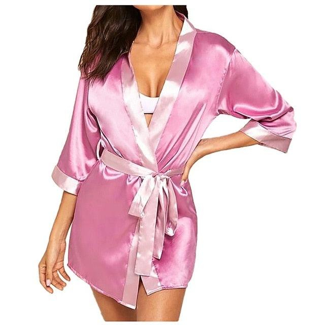 Silk Kimono Black Silk Sexy Lingerie Bow Satin Robe - TeresaCollections