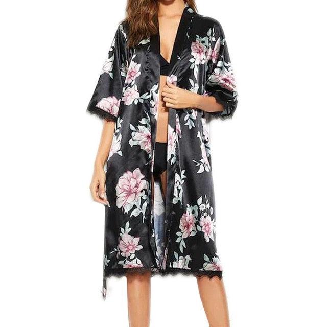 Silk Satin Floral Bathrobe Long Kimono Night Robe - TeresaCollections