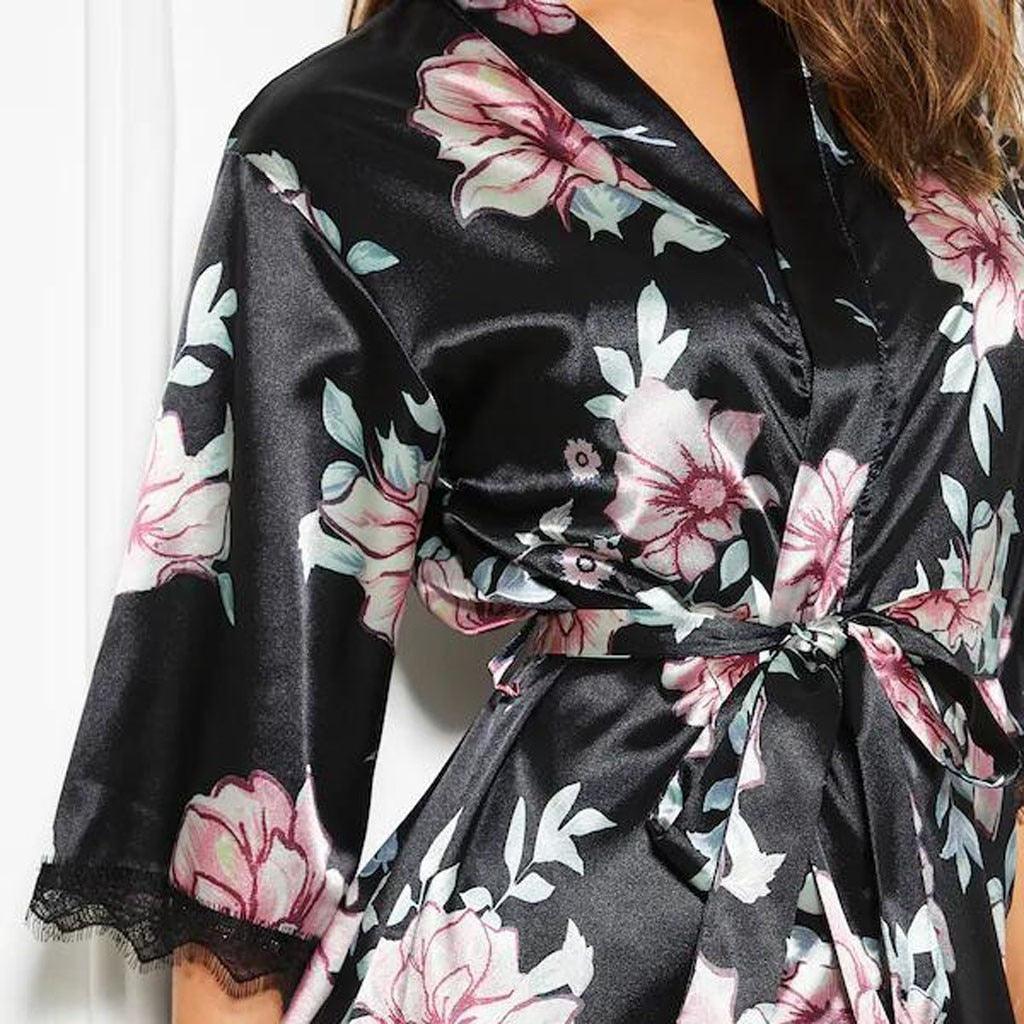 Silk Satin Floral Bathrobe Long Kimono Night Robe - TeresaCollections