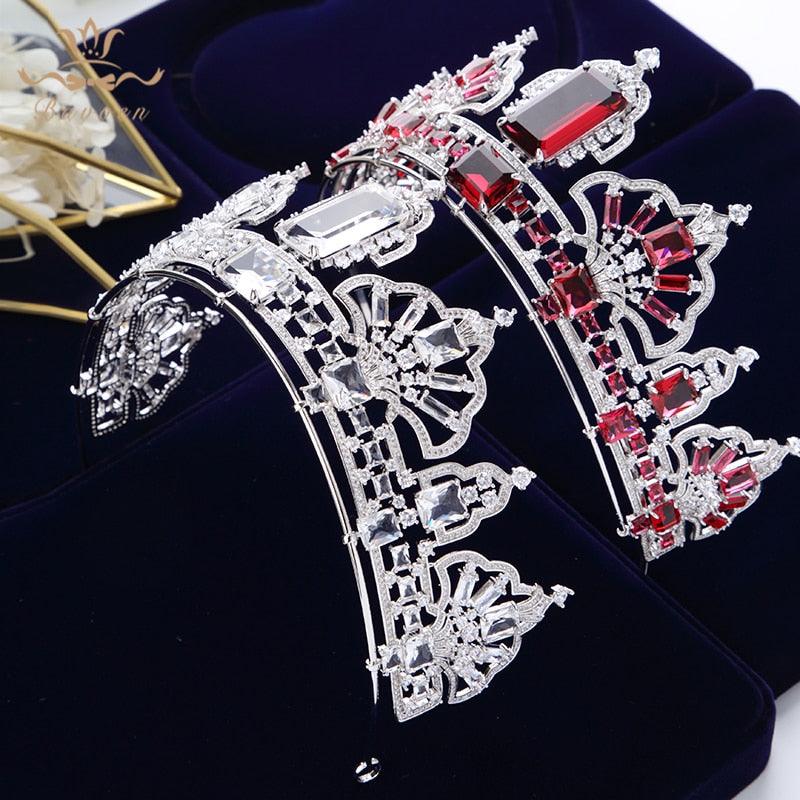 Sparkling Cubic Zircon Red Bridal Tiara - TeresaCollections