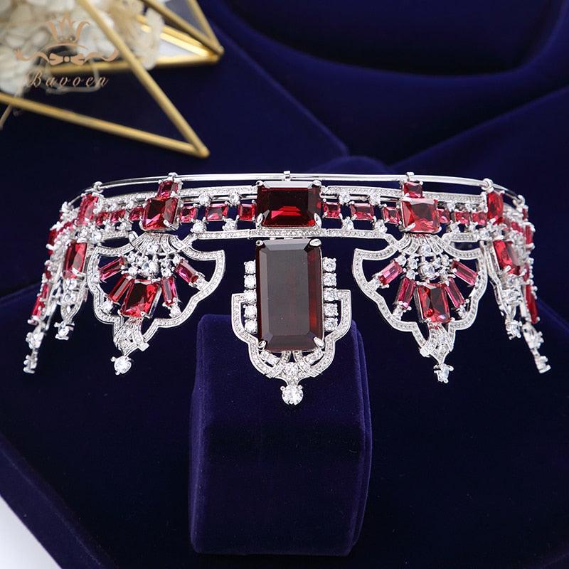 Sparkling Cubic Zircon Red Bridal Tiara - TeresaCollections