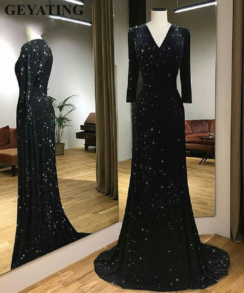 Elegant V-neck Sparkly Black Sequin Mermaid Long Sleeves Evening Dress - TeresaCollections