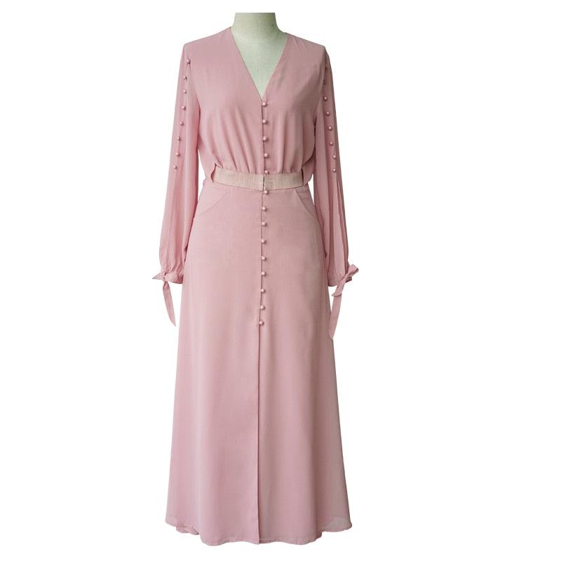 Pink Lantern Sleeve V-neck Buttons Pleated Chiffon Maxi Dress - TeresaCollections