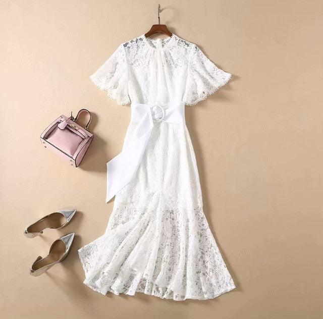 White Sexy Lace Hollow Belt Long Dress - TeresaCollections