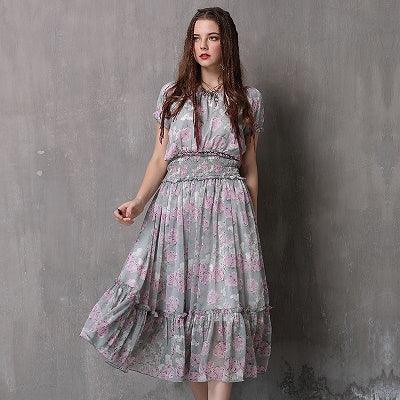 Sleeve Swing Hem Floral Print Dress - TeresaCollections