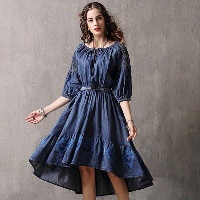 Three Quarter Sleeve A-Line Asymmetrical Women Dress - TeresaCollections