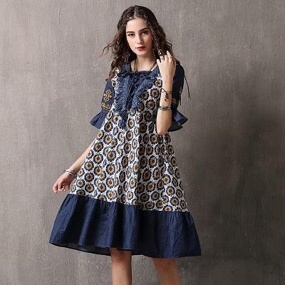 Denim Floral Print Women Dress - TeresaCollections