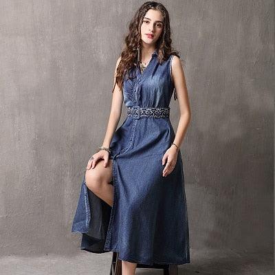 V-Neck A-Line Sleeveless Belted Single Breasted Denim Dress - TeresaCollections