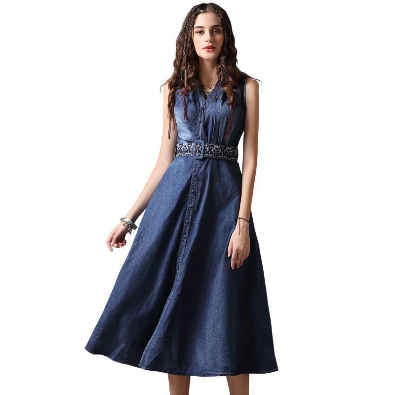 V-Neck A-Line Sleeveless Belted Single Breasted Denim Dress - TeresaCollections