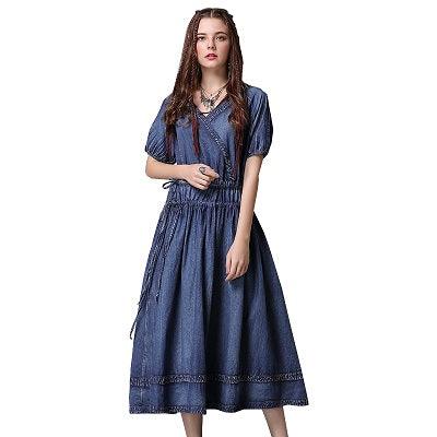 V-Neck Adjustable Waist Lantern Sleeve Swing Denim Dress - TeresaCollections