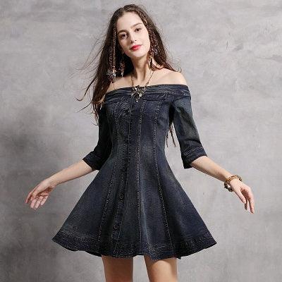 Single Breasted A-line Half Sleeve Vintage Denim Dress - TeresaCollections