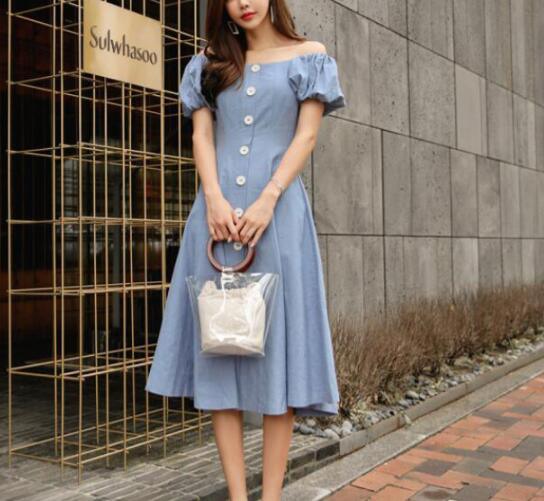 Blue Wide Neck Puff Sleeve Slim A-line Party Dress - TeresaCollections