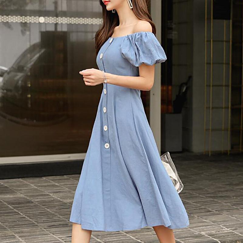 Blue Wide Neck Puff Sleeve Slim A-line Party Dress - TeresaCollections