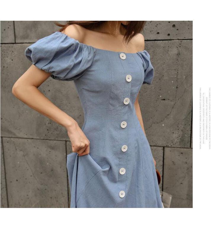 Blue Wide Neck Puff Sleeve Slim A-line Party Dress - TeresaCollections