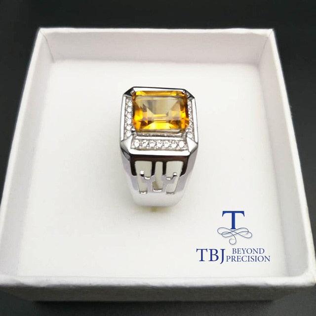 Emerald Cut Natural Citrine Men's 925 Sterling Silver Gemstone Ring - TeresaCollections