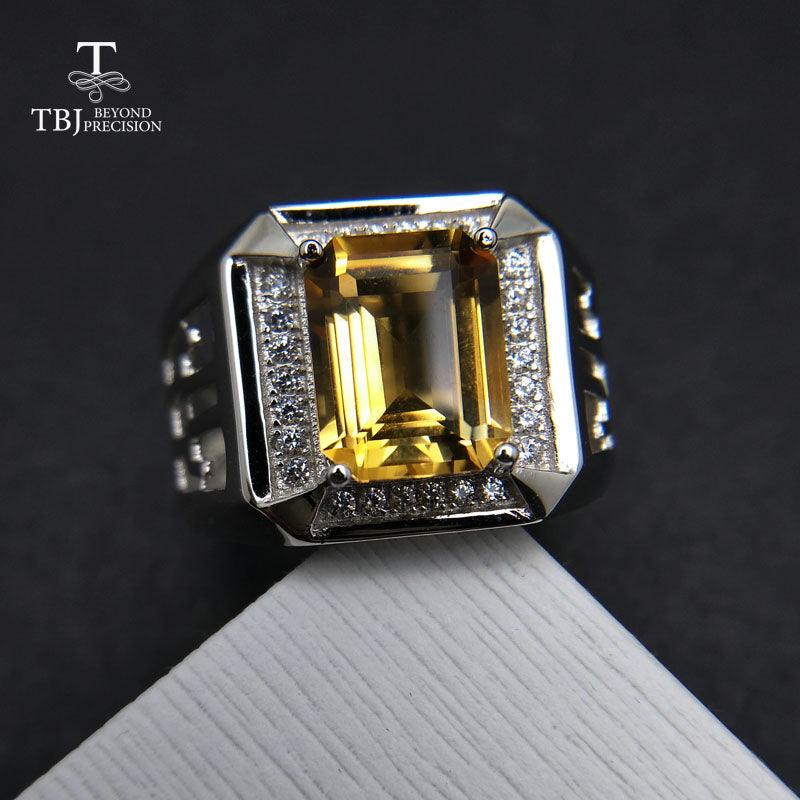 Emerald Cut Natural Citrine Men's 925 Sterling Silver Gemstone Ring - TeresaCollections