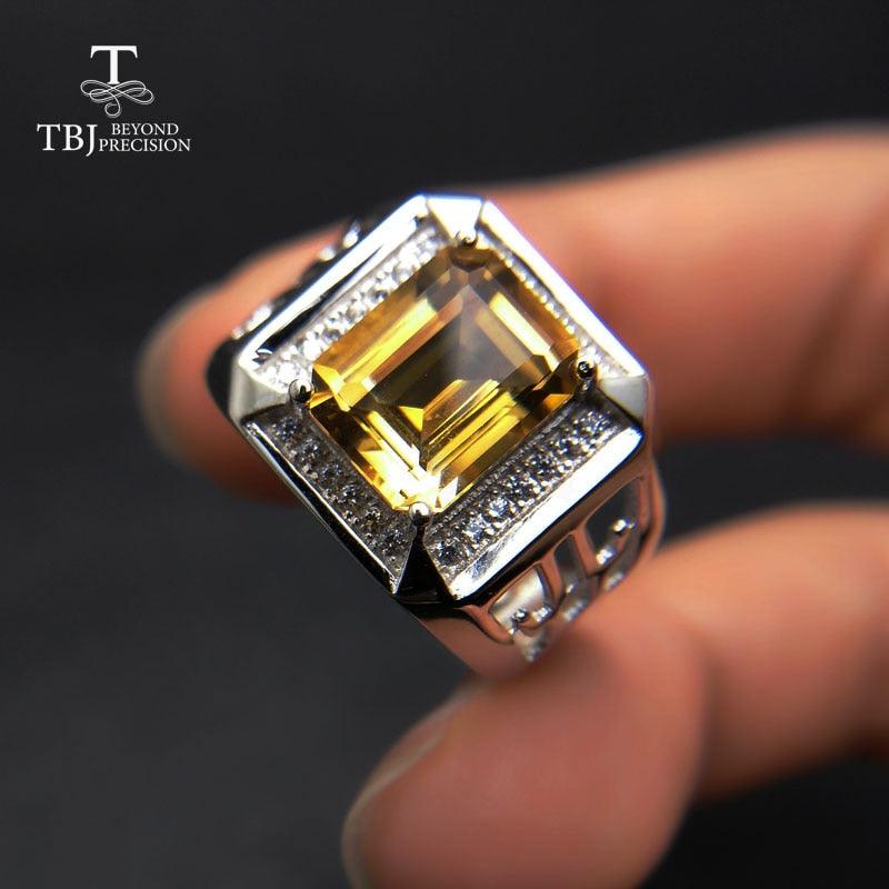 Emerald Cut Natural Citrine Men's 925 Sterling Silver Gemstone Ring - TeresaCollections