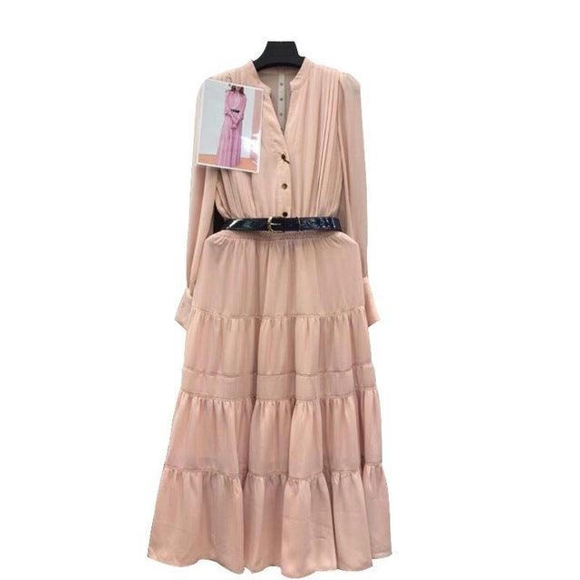 Elegant V Neck High Waist Long Sleeve Floor Length Maxi Dress - TeresaCollections