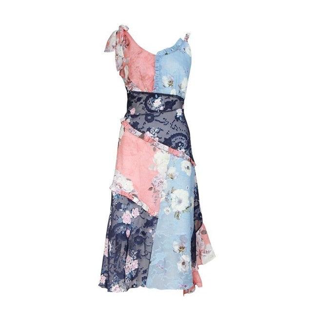 Irregular Floral Print High Waist Off Shoulder Sleeveless Dress - TeresaCollections