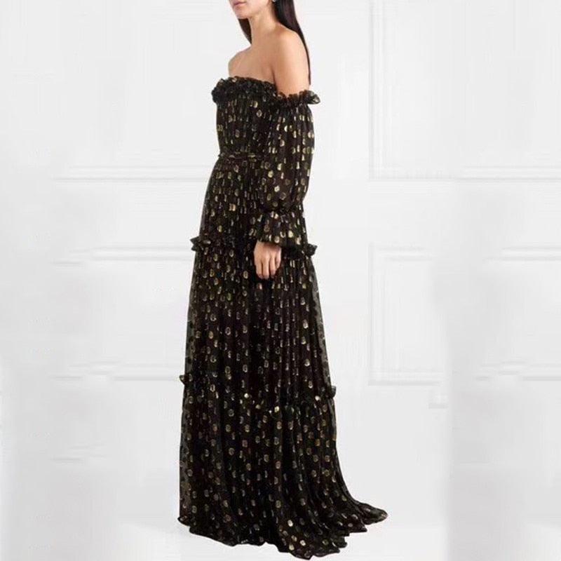 Off Shoulder Sexy Puff Long Sleeve Leopard Maxi Dress - TeresaCollections
