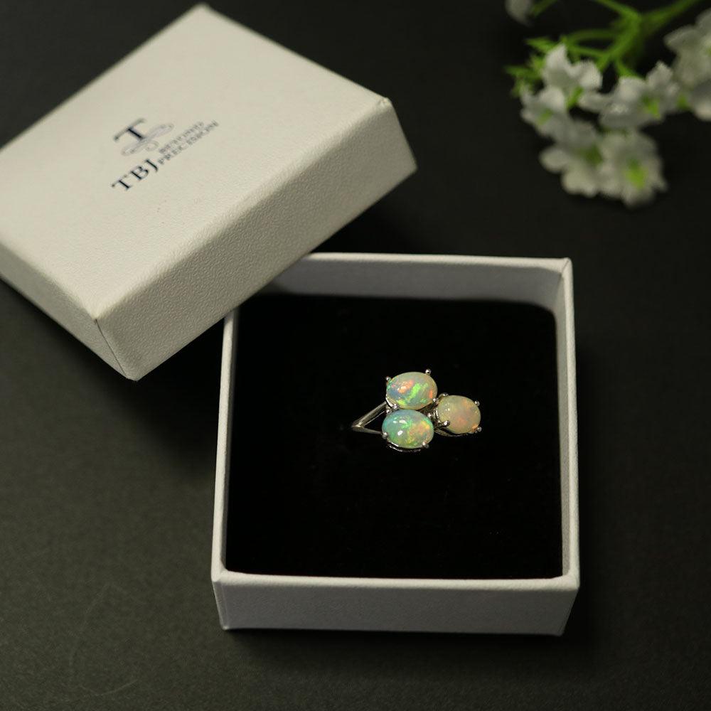 Three Piece Opal Ring Oval Gemstone Sterling Silver Ring - TeresaCollections