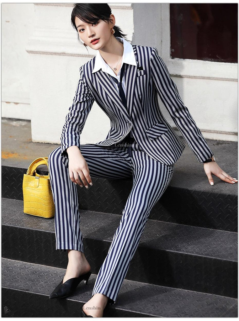 Striped Two-piece Set Blazer Pants Suits - TeresaCollections