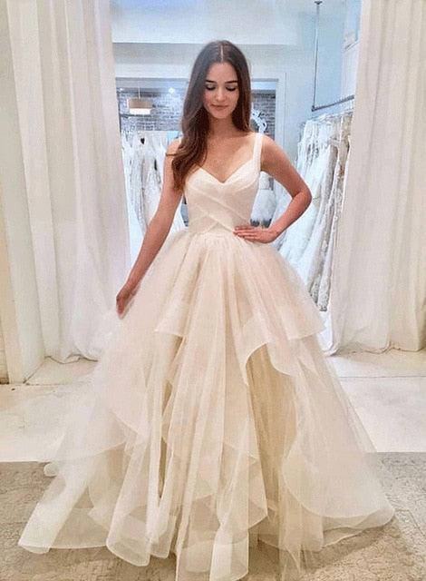 V Neck Sleeveless Simple Tulle  Married White Bridal Gown Wedding Dress - TeresaCollections