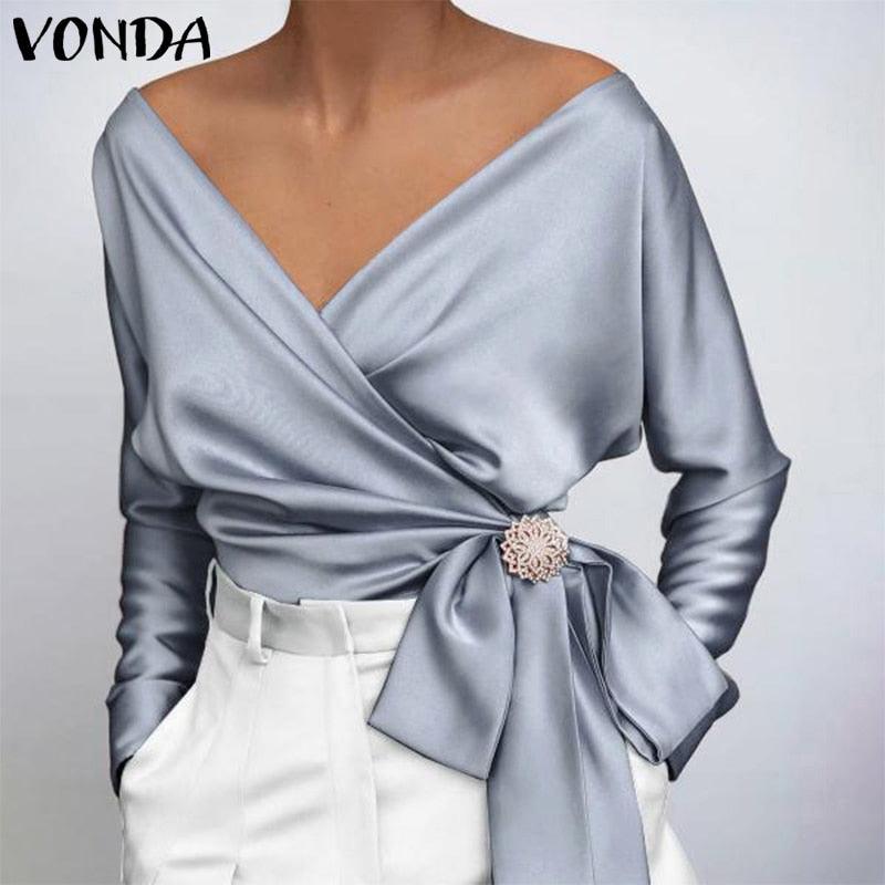 Satin Elegant  V Neck s Sexy Long Sleeve Blouse - TeresaCollections