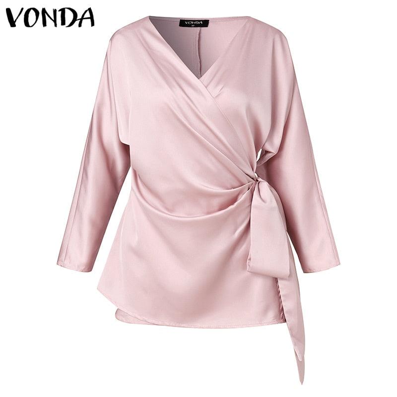 Satin Elegant  V Neck s Sexy Long Sleeve Blouse - TeresaCollections
