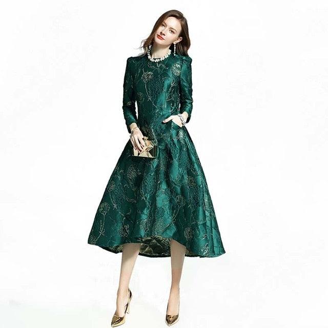 Green Floral Elegant Jacquard Tail Dress - TeresaCollections