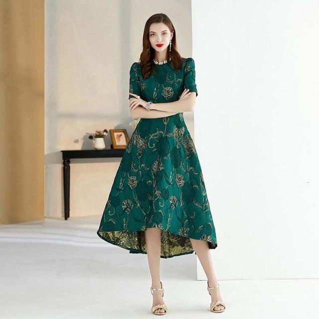 Green Floral Elegant Jacquard Tail Dress - TeresaCollections