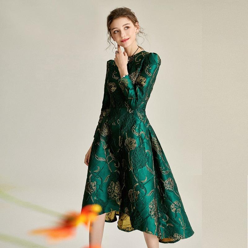 Green Floral Elegant Jacquard Tail Dress - TeresaCollections