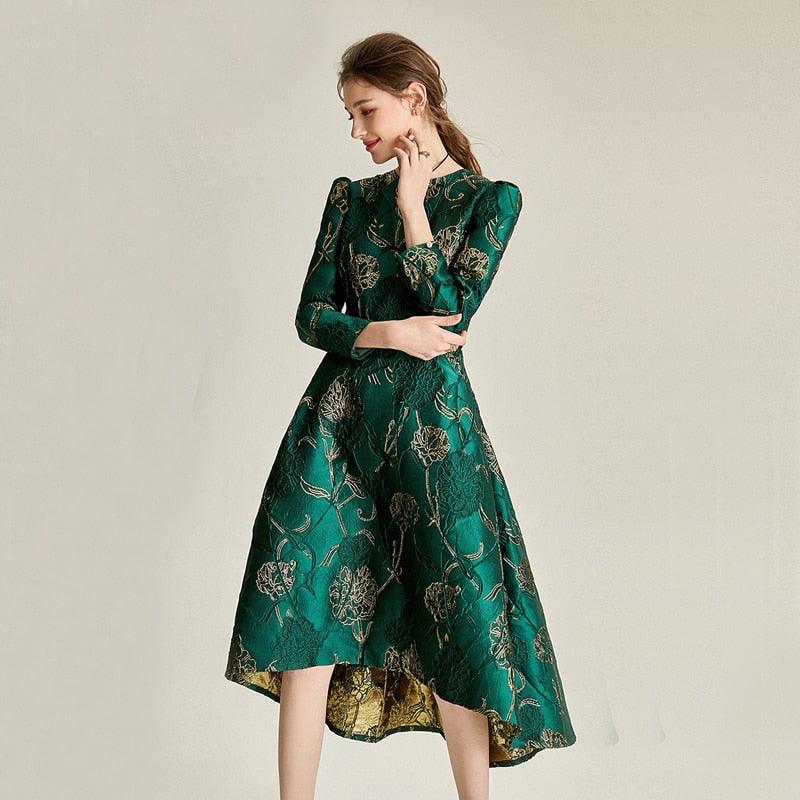 Green Floral Elegant Jacquard Tail Dress - TeresaCollections