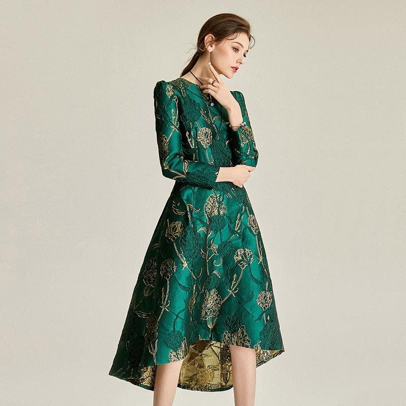 Green Floral Elegant Jacquard Tail Dress - TeresaCollections