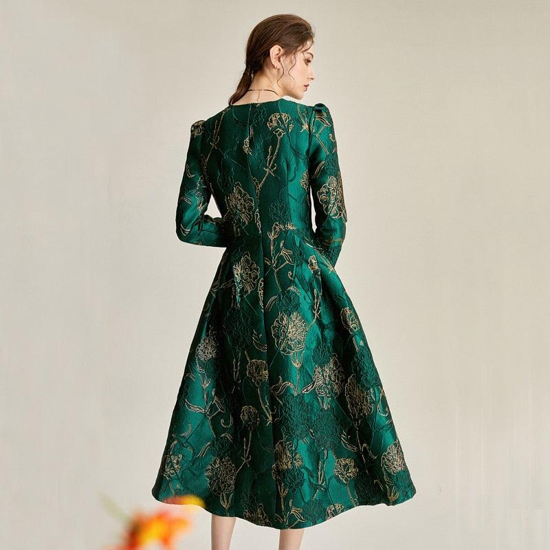 Green Floral Elegant Jacquard Tail Dress - TeresaCollections