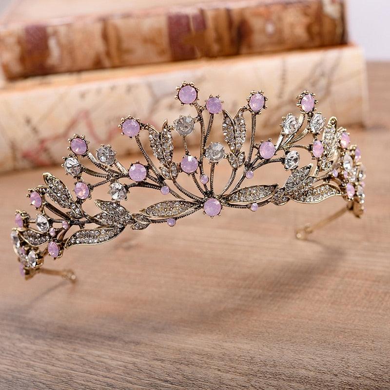 Vintage Bride Head Jewelry Plant Pink Rhinestone Bridal Crown Headbands Leaf Branch Crystal Tiara - TeresaCollections