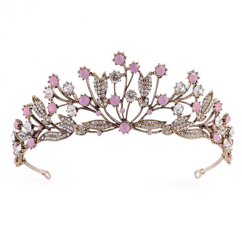Vintage Bride Head Jewelry Plant Pink Rhinestone Bridal Crown Headbands Leaf Branch Crystal Tiara - TeresaCollections