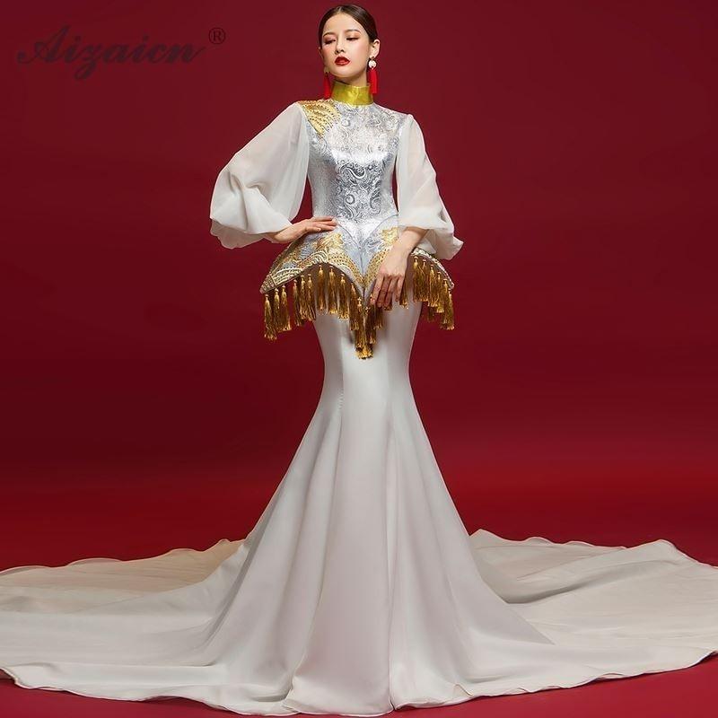 Vintage Chinese Long Bell Sleeve Trailing Tassel Embroidery Cheongsam White Mermaid Wedding Dress - TeresaCollections