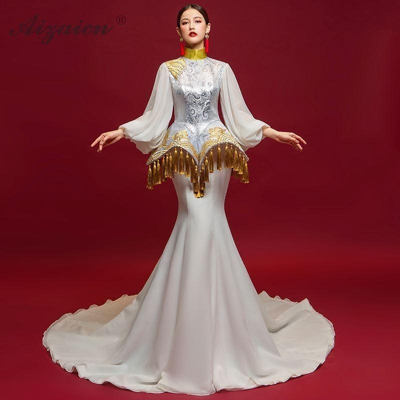 Vintage Chinese Long Bell Sleeve Trailing Tassel Embroidery Cheongsam White Mermaid Wedding Dress - TeresaCollections
