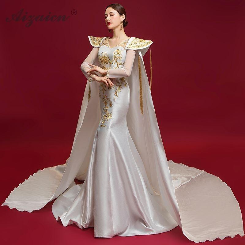 White Cheongsam Long Sleeve Shawl Trailing Dress Gown - TeresaCollections