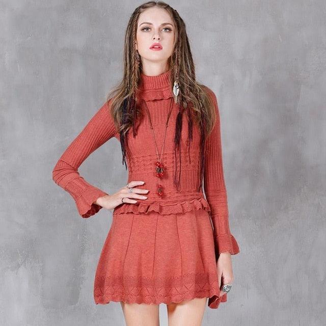 A-line Turtleneck Ruffles Hem Combo Knitting Dresses - TeresaCollections