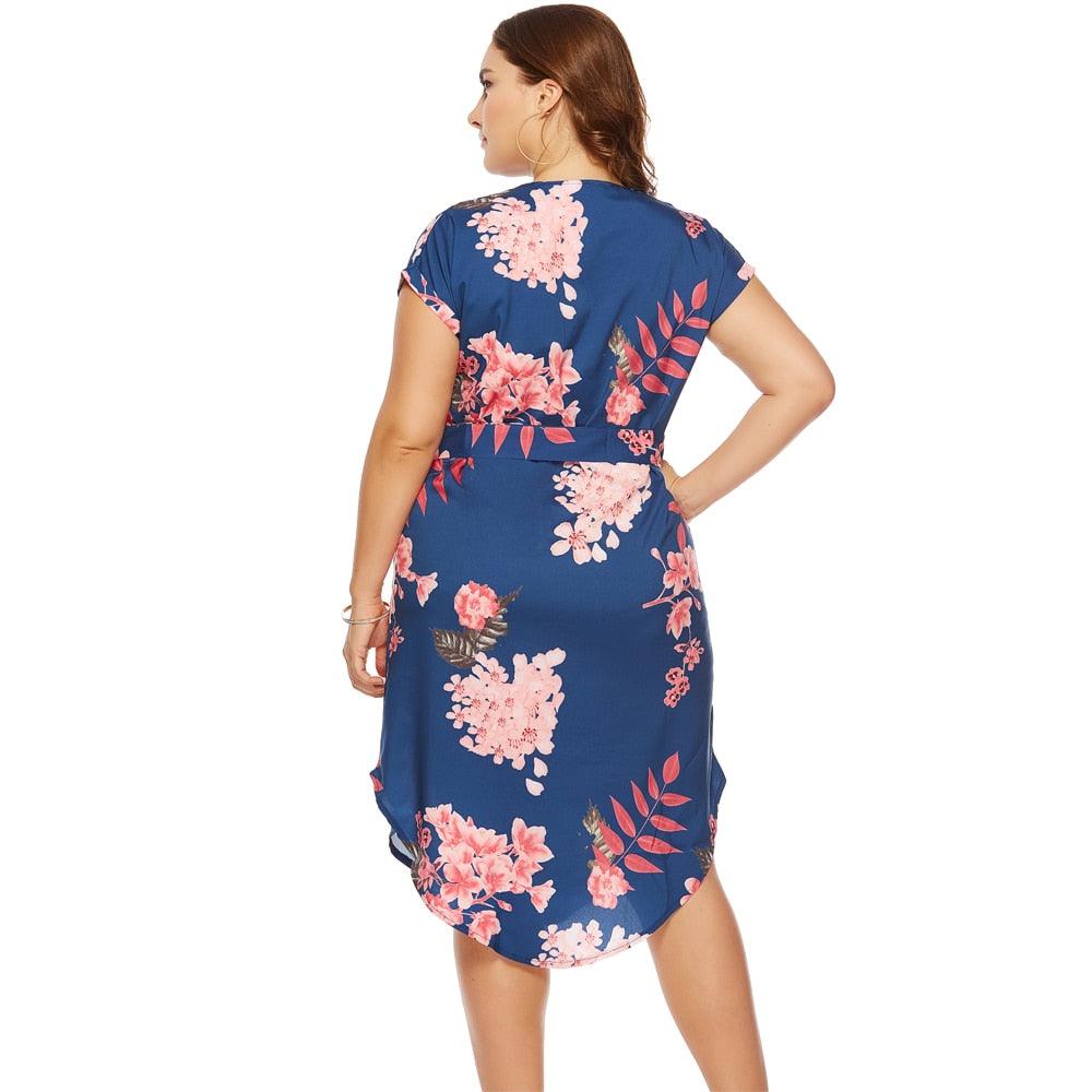 Summer Casual Long V-Neck Short Sleeve Flower Print Loose Dress - TeresaCollections