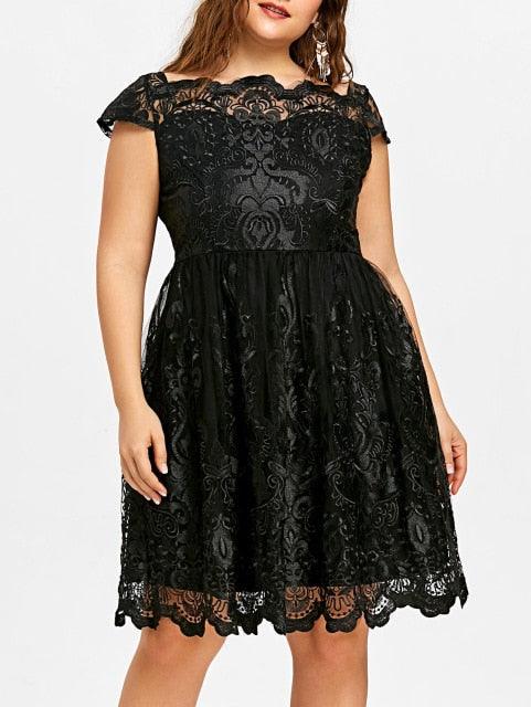 Lace Scalloped Tulle Embroidered Short Sleeves A-Line Plus Size Dress - TeresaCollections