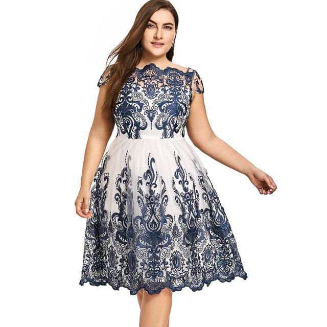 Lace Scalloped Tulle Embroidered Short Sleeves A-Line Plus Size Dress - TeresaCollections